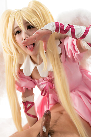 Hot japanese girl Ria Kurumi in pink doll costume sits on her boyfriend's face